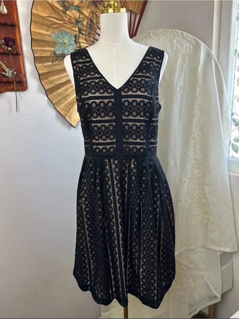 LOFT Geometric Lace Flare Dress Black Nude Overlay 12